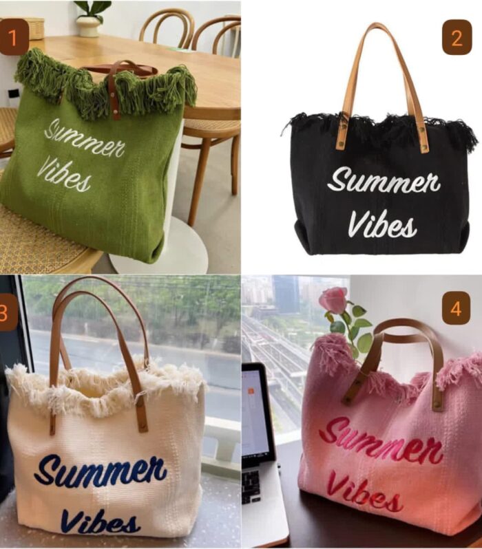 "Summer Vibes" Embroidered Fringe Canvas Tote Bag-Large Capacity Bohemian Beach & Travel Handbag